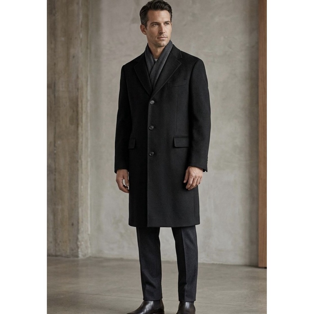 Brooks Brothers Men's 42L Overcoat Wool Cashmere Black Made USA Long Coat